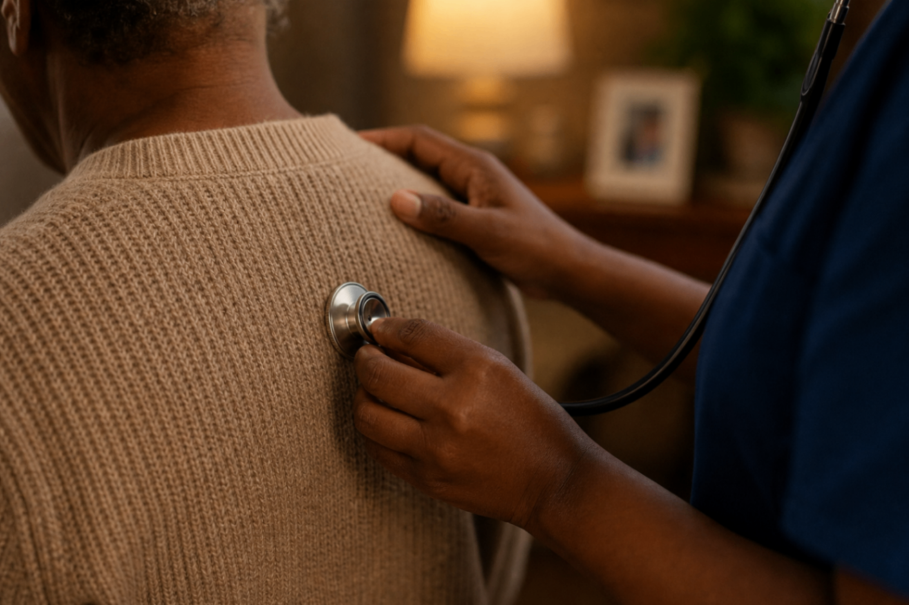 Une infirmière à domicile à l'écoute d'un patient lors d'une visite